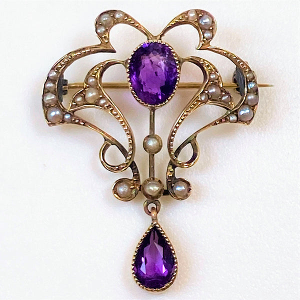 Art Nouveau 9ct Gold, Amethyst and Pearl Brooch