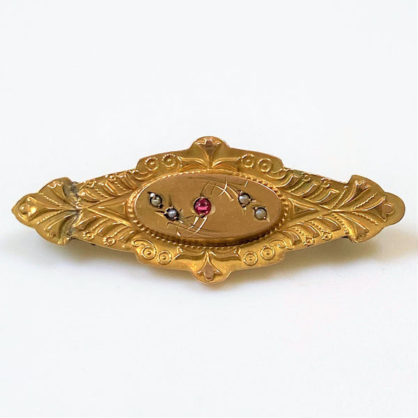 Victorian 9ct Gold, Ruby and Pearl Brooch