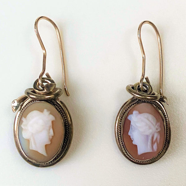 Antique 9ct Gold, Pinchbeck and Shell Cameo Drop Earrings