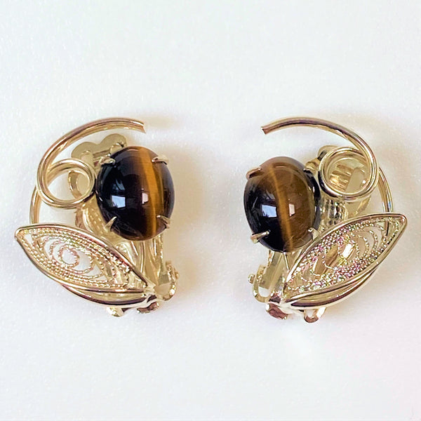 Vintage Yellow Metal and Tigers-Eye Clip-on Earrings