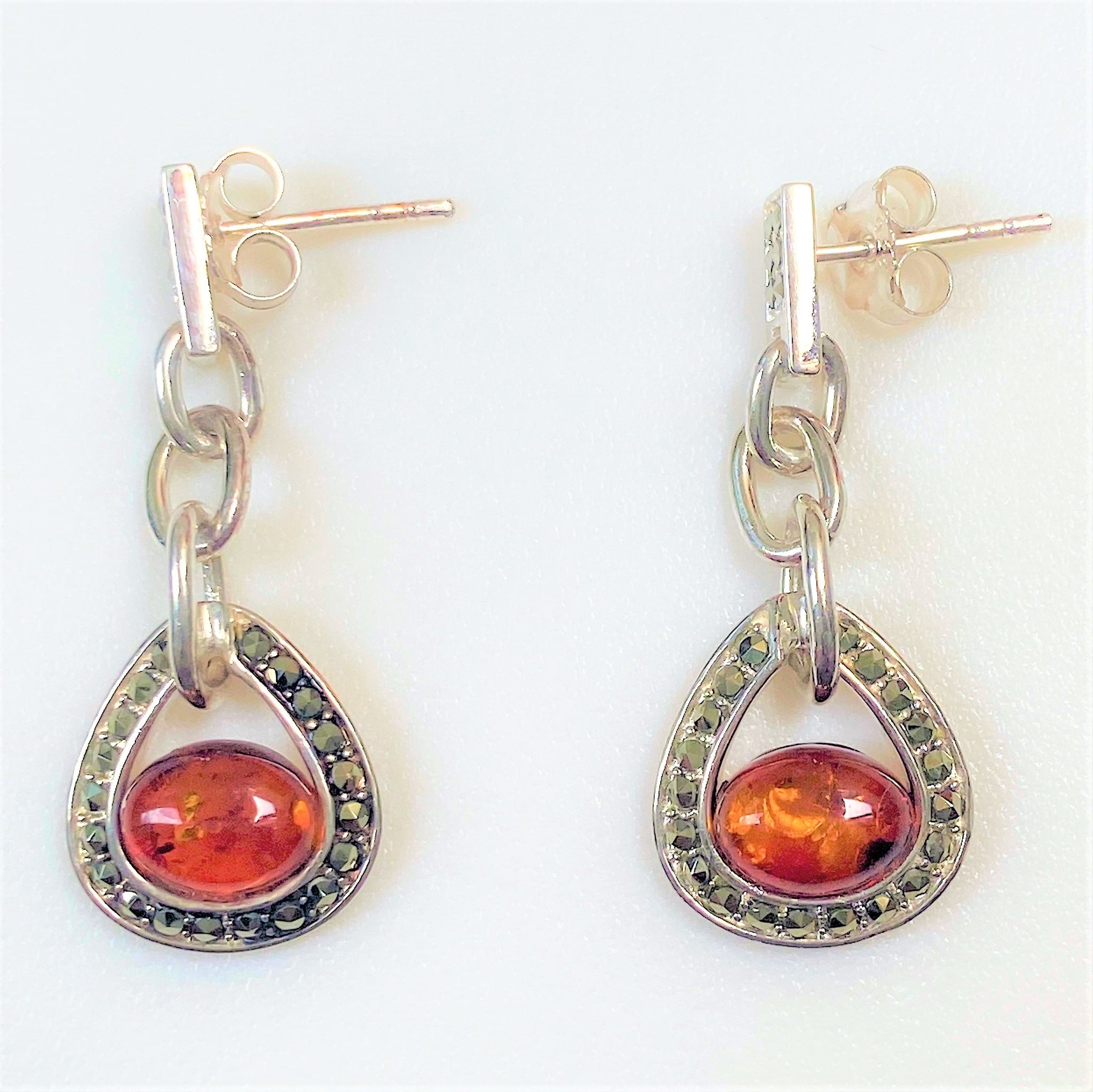 Sterling Silver, Amber and Marcasite Drop Earrings