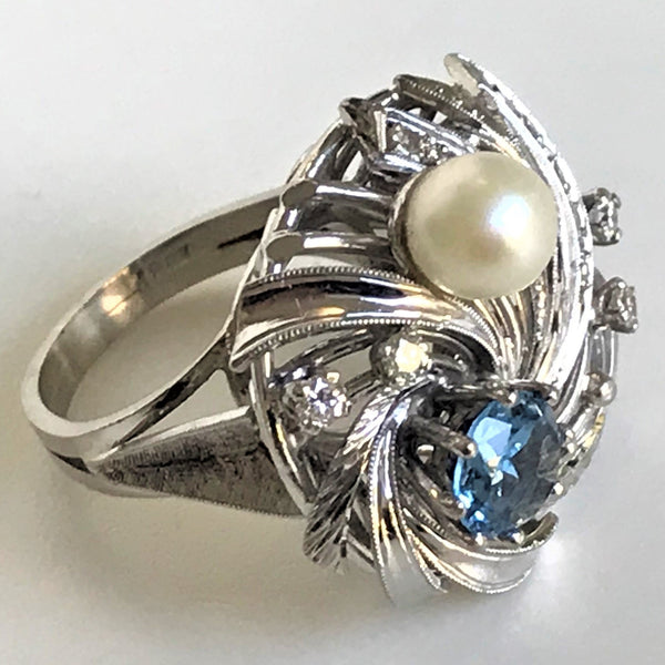 18ct White Gold, Blue Spinel, Pearl and Diamond Dress Ring