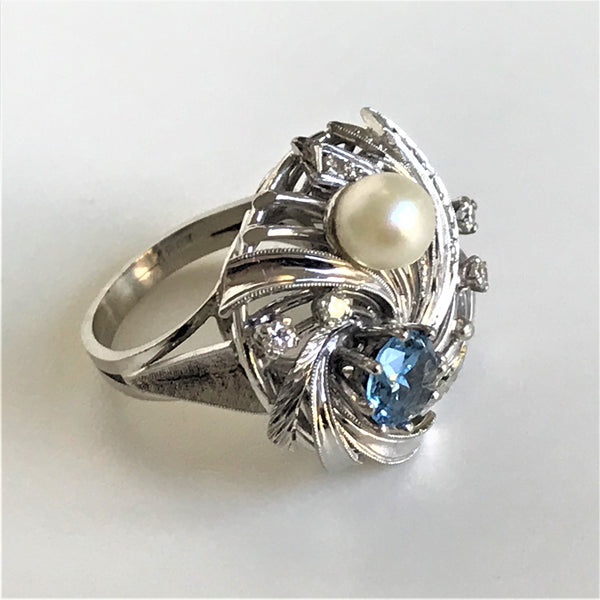 18ct White Gold, Blue Spinel, Pearl and Diamond Dress Ring