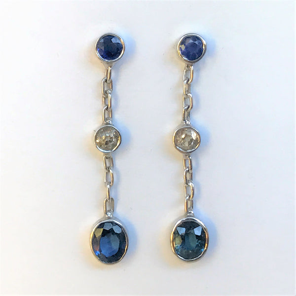 9ct White Gold, Sapphire and Diamond Drop Earrings
