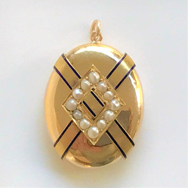 Antique 18ct Gold Pearl and Enamel Locket Pendant
